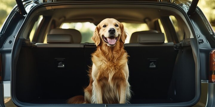 A joyful golden retriever sits in the trunk of a parked car during a sunny day at a park, showcasing its friendly demeanor and enjoying the outdoors with its owner