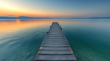 Obraz premium Sunrise over a Calm Lake with a Wooden Pier
