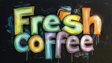 A art graffiti style picture with a cup of coffee and colorful text "fresh coffee", with colorful splashes and stars, hand written text on black school board, on black texture background