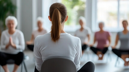 A yoga teacher sitting on her back next to a group of elderly ladies doing yoga sitting on small chairs