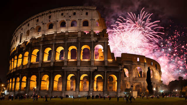 Fireworks exploding over the colosseum in rome celebrating the arrival of the new year, AI Generated