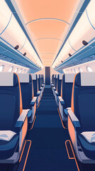 Fototapeta premium Airplane cabin, front view, blue seats with white turban pieces, dark blue carpet, bright and warm, flat illustration, flat colors. The overall tone of the picture is warm white.