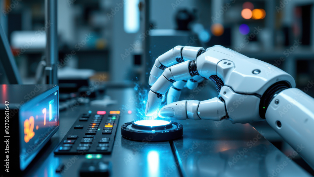 Poster a robotic hand interacting with a control panel on an industrial machine, indicating advanced automa