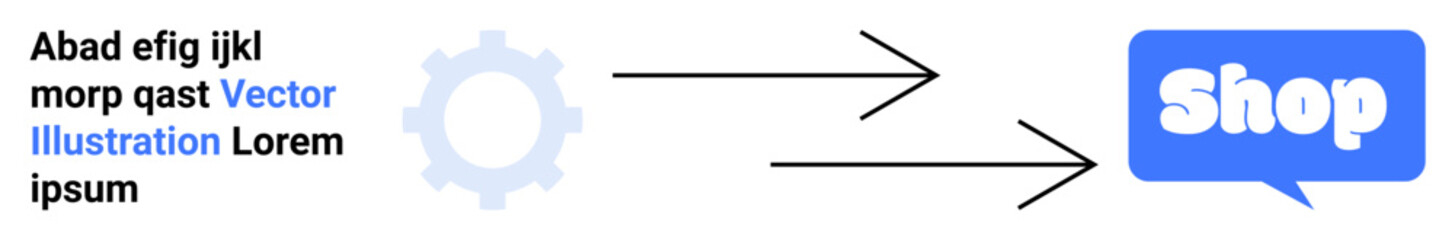 A gear icon with text on the left transitions into a blue speech bubble with the word Shop through arrows. Ideal for e-commerce guides product tutorials marketing materials user engagement navigation