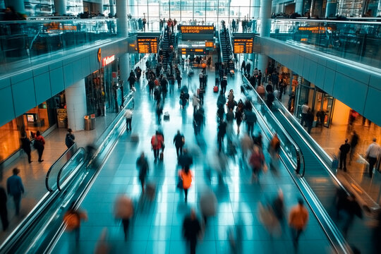Hall of a train station or airport with a lot of people passing through