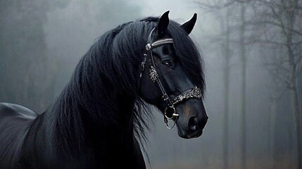 Obraz premium Stunning Close-Up Portrait of a Sleek Black Stallion with Shimmering Mane: Perfect for Equine Art Posters or Stylish Sports Décor