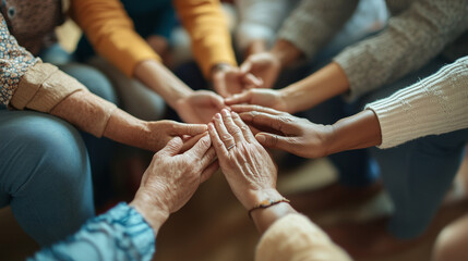 Obraz premium diverse group of people sitting in a circle with their hands gently stacked together, symbolizing unity, support, and connection.