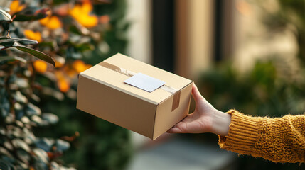 person holding a small package outdoors, ready for delivery or receiving, with a sunlit background creating a warm and inviting atmosphere.