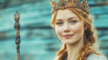 Young woman wearing an ornate crown, holding a decorated staff, smiling confidently, portraying a fantasy queen or princess in a medieval-style setting.