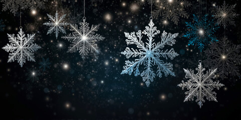 Magical white snowflakes over glitter dark background