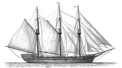 Detailed illustration of a classic sailing ship with intricate sails.