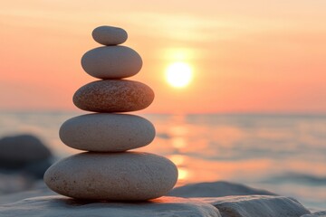 Stones standing on top of each other against the backdrop of a sunset on the seashore