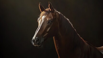 Obraz premium Stunning Arabian Horse Poster: Glossy Chestnut Coat and Bright Eyes against Dark Background – Perfect for Enhancing Your Sports Interior Décor!