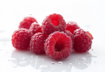 Ripe raspberries with water drops isolated on white background