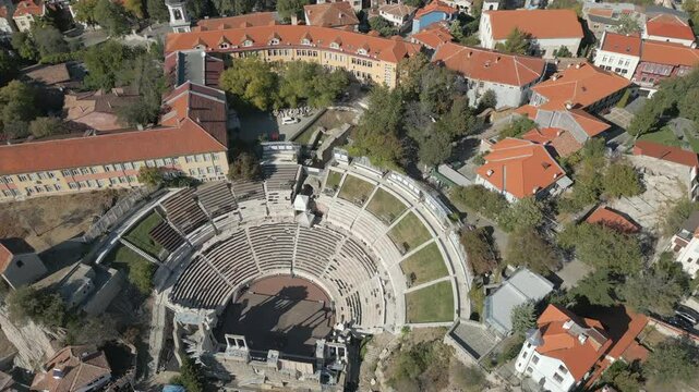 Ancient Roman Amphitheatre Of Philippopolis Drone Fly Over In Plovdiv Bulgaria 4K 60FPS