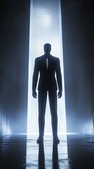 Mysterious silhouette of a man in a dark hall leading to bright light.