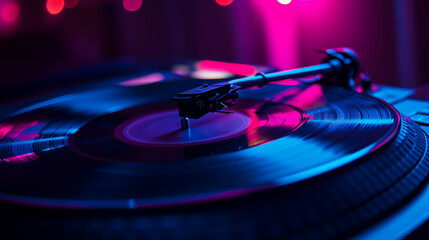 Retro vinyl record player with neon pink and blue lights, evoking a nostalgic, 80s-inspired music atmosphere in vibrant colors