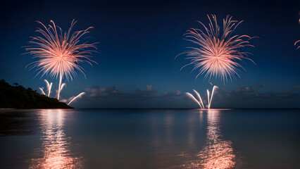 Fireworks reflected in the calm waters of a tropical beach at midnight, AI Generated