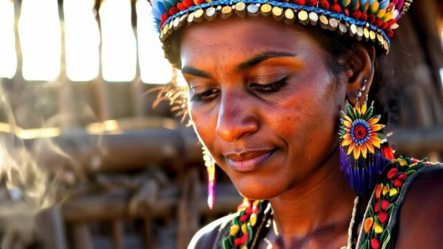 Indigenous woman cooking traditional food in wood house - Native american person and culture concept - Model by AI generative 