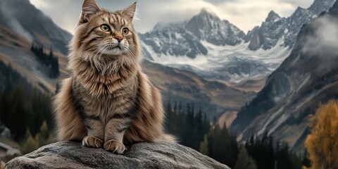 Obraz premium A majestic long-haired cat sits proudly on a rocky outcrop in a mountainous landscape with snow-capped peaks and valleys during an overcast day in early autumn