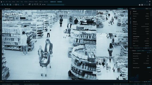 Advanced CCTV System Monitors Grocery Store Activity. Multiple Camera Angles Track Shoppers' Movements, Analyzing Traffic Patterns and Consumer Behavior in Real-time for Security and Retail Insights.