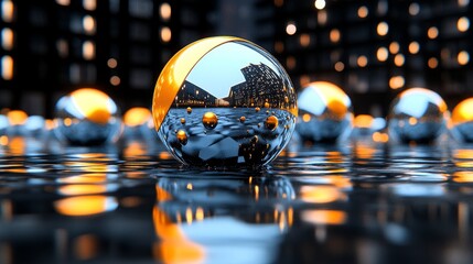 Abstract Cityscape Reflection in a Shiny Sphere with Golden Rim