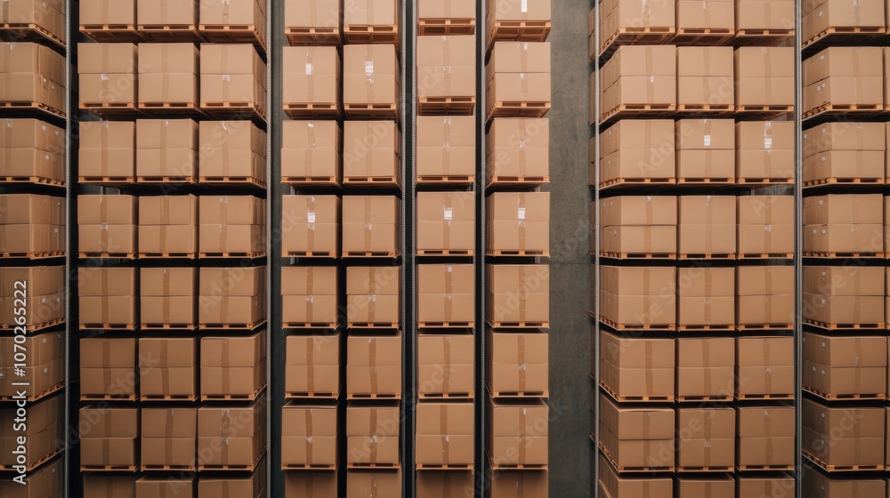 Poster a neatly organized warehouse storing multiple rows of stacked cardboard boxes on shelves for invento