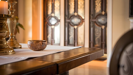 Elegant interior scene featuring a wooden table with a decorative bowl and golden candle holders, set against ornate wooden double doors, creating a warm and inviting atmosphere.