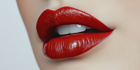 Obraz premium Close-up of perfectly applied red lipstick on fuller lips showcasing a glossy finish, highlighting beauty and cosmetic artistry in a well-lit setting