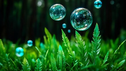 Sparkling Bubbles Floating Over Lush Green Grass in Forest Setting