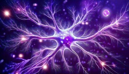 Fototapeta premium Neuron with complex network of axons and dendrites, glowing purple and white on a dark background with purple sparkles.