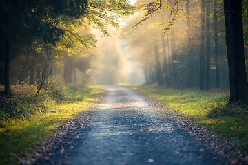 Naklejka premium Sunlight filters through trees onto serene forest path