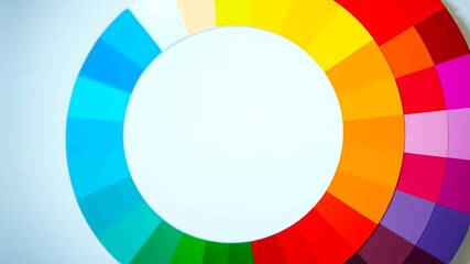 Obraz premium A vibrant color wheel with various hues displayed in a radial pattern, showcasing a spectrum of shades from cool blues to warm reds, offering a visual guide for creative exploration.