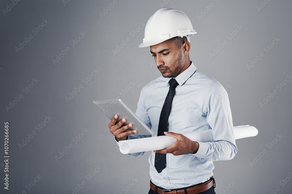 Poster architecture, blueprint and man on tablet in studio with online design, floorplan and building proje
