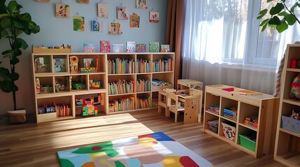 A bright and colourful playroom with a large bookshelf filled with colourful books and toys. There is a large window with white curtains and a colourful rug on the floor.