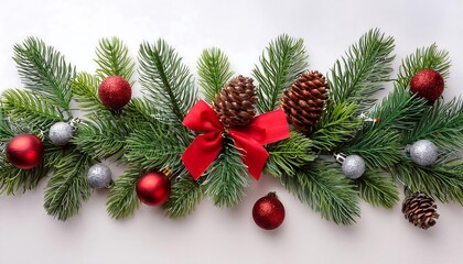 White background with festive green garland decorated with red ornaments and silver pine nuts.