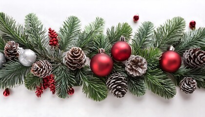 White background with festive green garland decorated with red ornaments and silver pine nuts.