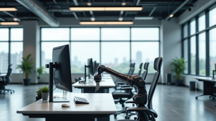 Modern office workspace featuring robot integration with a city view through large windows.