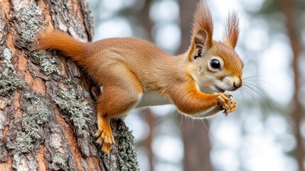 Fototapeta premium A red squirrel perched on a tree trunk, eating a nut.