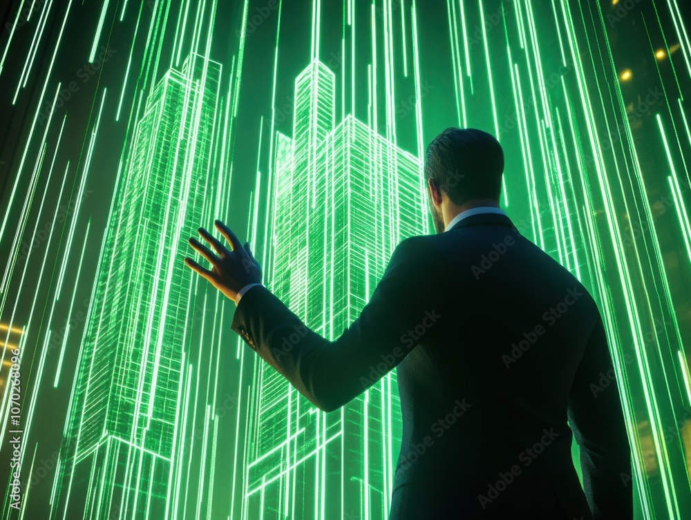 Poster a businessman is standing in front of holographic green skyscrapers, reaching out to touch them with