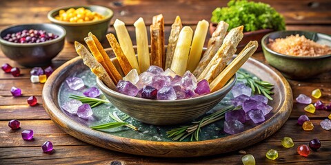 Gourmet gemstone sticks take center stage, their vivid colors and textures a visual delight.