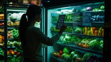 Smart fridge tracking food items freshness suggesting recipes display screen. AI generated