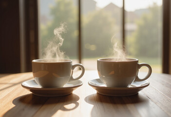 Warm morning sunlight streaming through windows onto two steaming cups of coffee on wooden table, creating cozy and inviting atmosphere for relaxation and connection in peaceful café or home setting