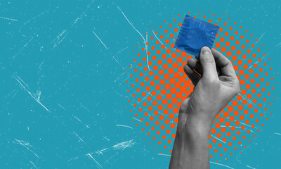 Contemporary art collage showing a hand with a condom and a place to copy.