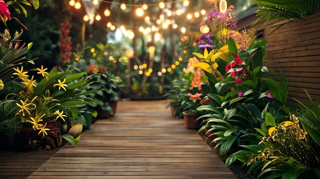Camera moving forward revealing tropical garden path at sunset