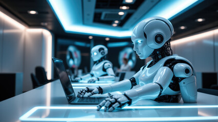 Obraz premium Futuristic robots working on laptops in an office setting, symbolizing advanced AI collaboration with humans.