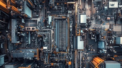 Aerial panorama of a car battery plant, with large machines and conveyor belts in the top section assembling internal components.