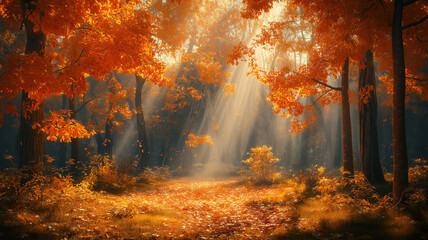 Beautiful autumn woods with golden sunlight shining through the foliage creating a warm atmosphere