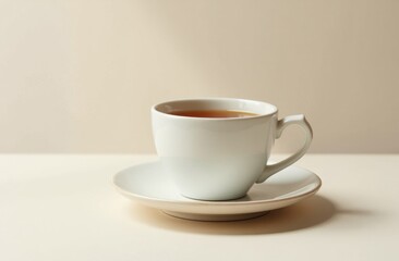 Fototapeta premium Classic ceramic tea cup with saucer on neutral background, space for text or branding.