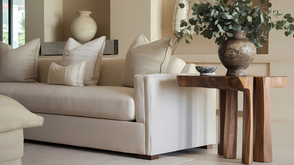 Elegant living room decor featuring a stylish table with a decorative bowl of greenery and modern lamps in a contemporary setting.